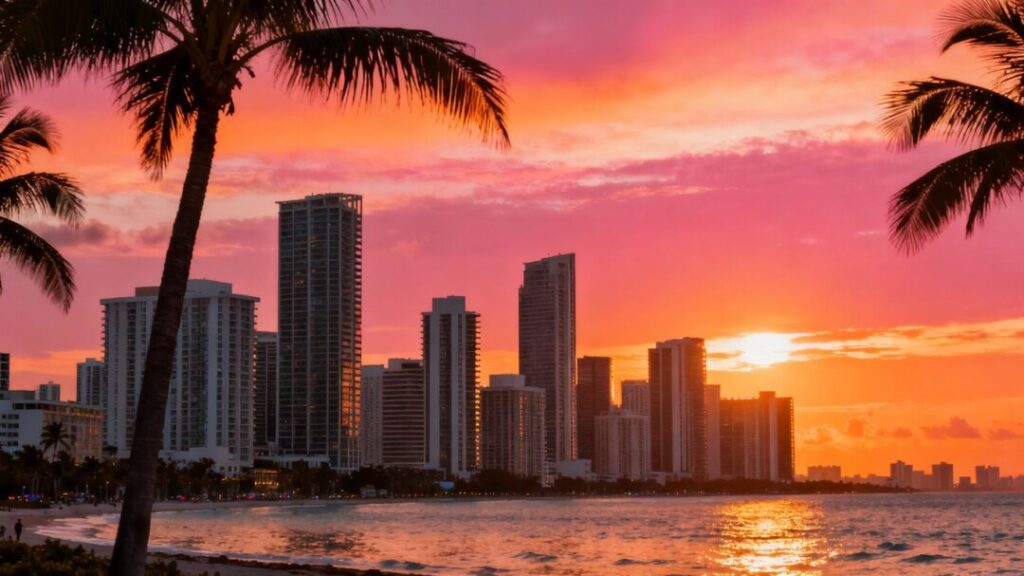 Miami skyline at sunset with ocean and buildings.