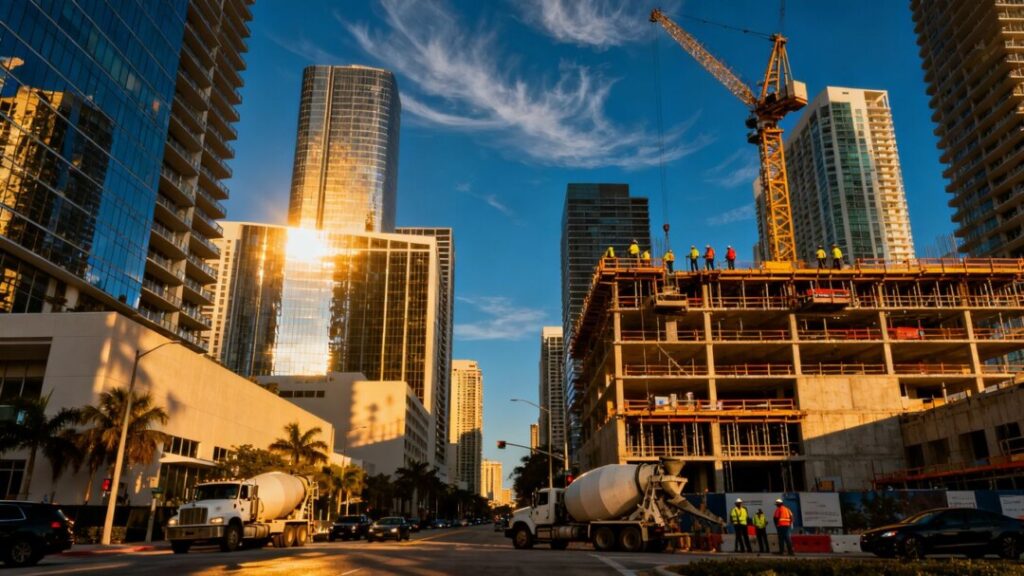 South Florida cityscape with skyscrapers and construction cranes.