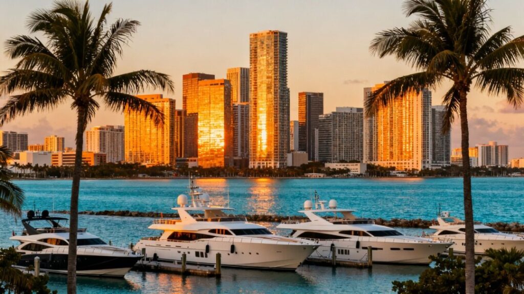 Miami skyline with yachts and palm trees.