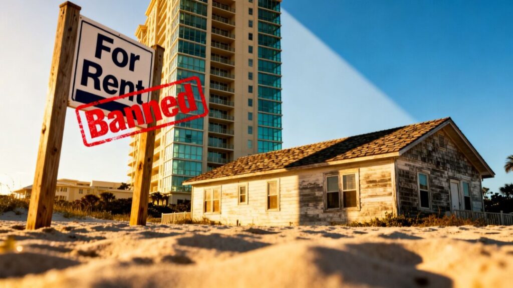 Florida vacation rental with ban stamp and contrasting buildings.