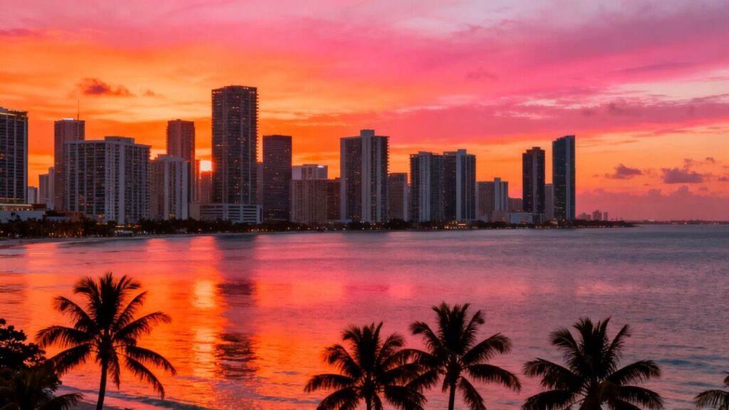 Miami skyline at sunset with ocean and buildings.