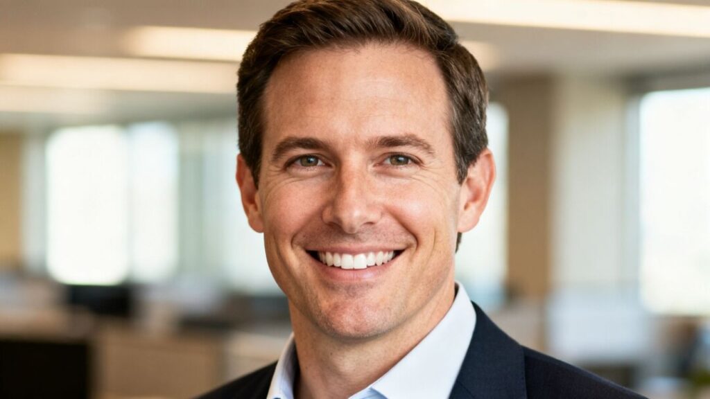 Lane McCormack smiling in an office.