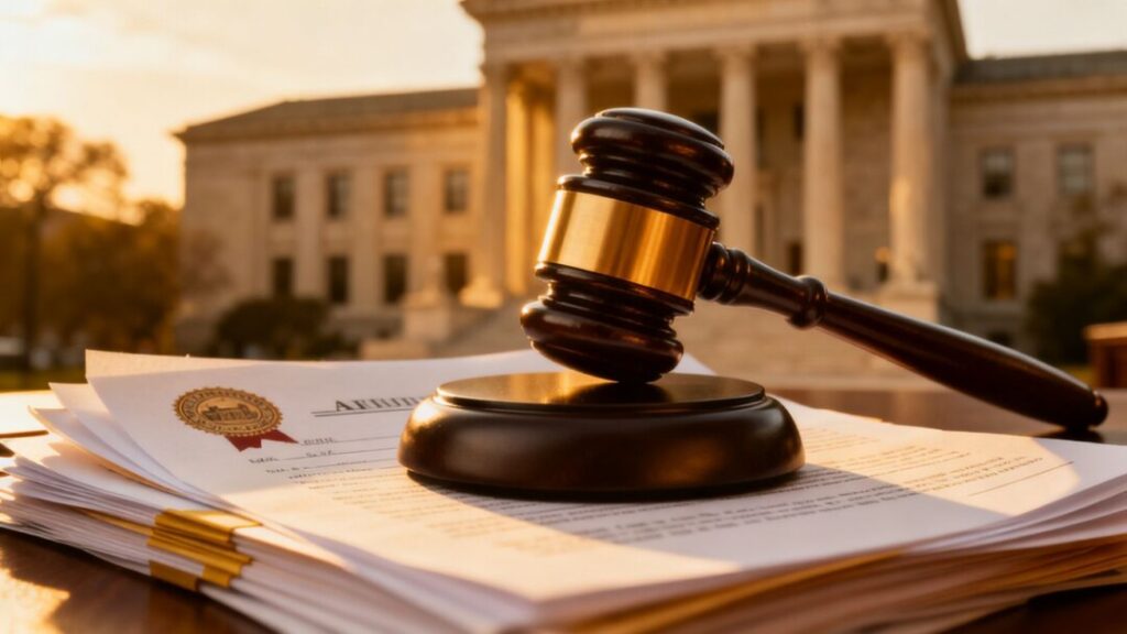 Gavel striking documents, legal dispute over land deal.