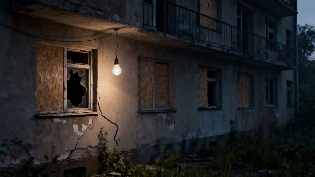 Condo building with missing hurricane windows, dark and damaged.