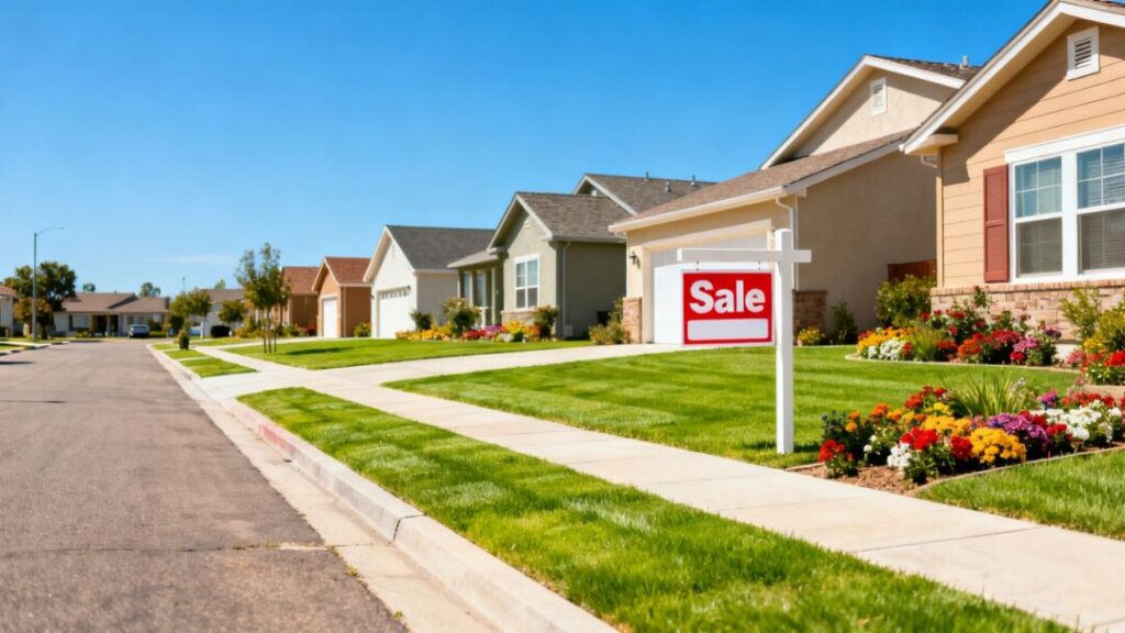 Houses in a suburban neighborhood with 'For Sale' signs.