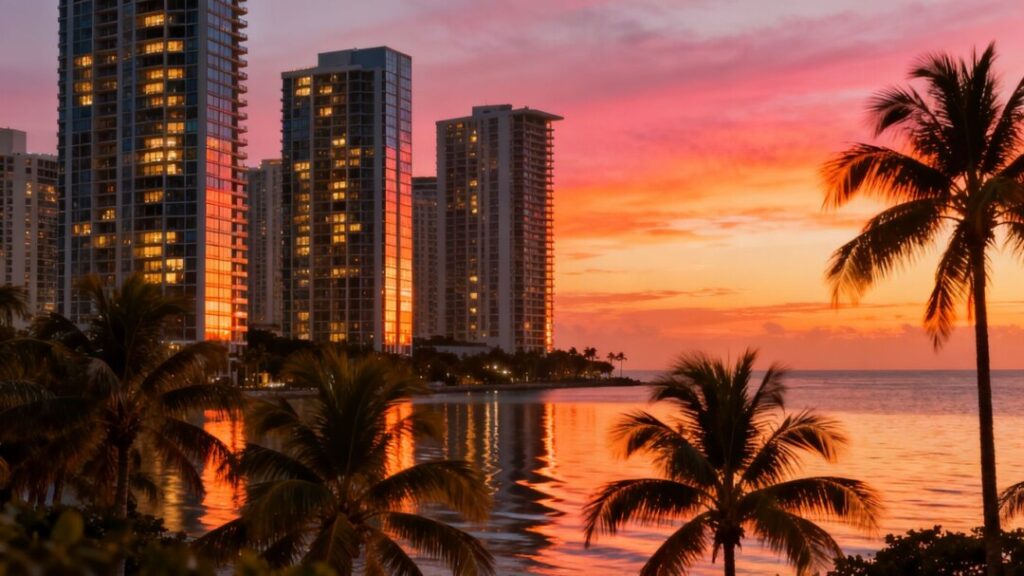 Miami skyline with new construction condos at sunset.
