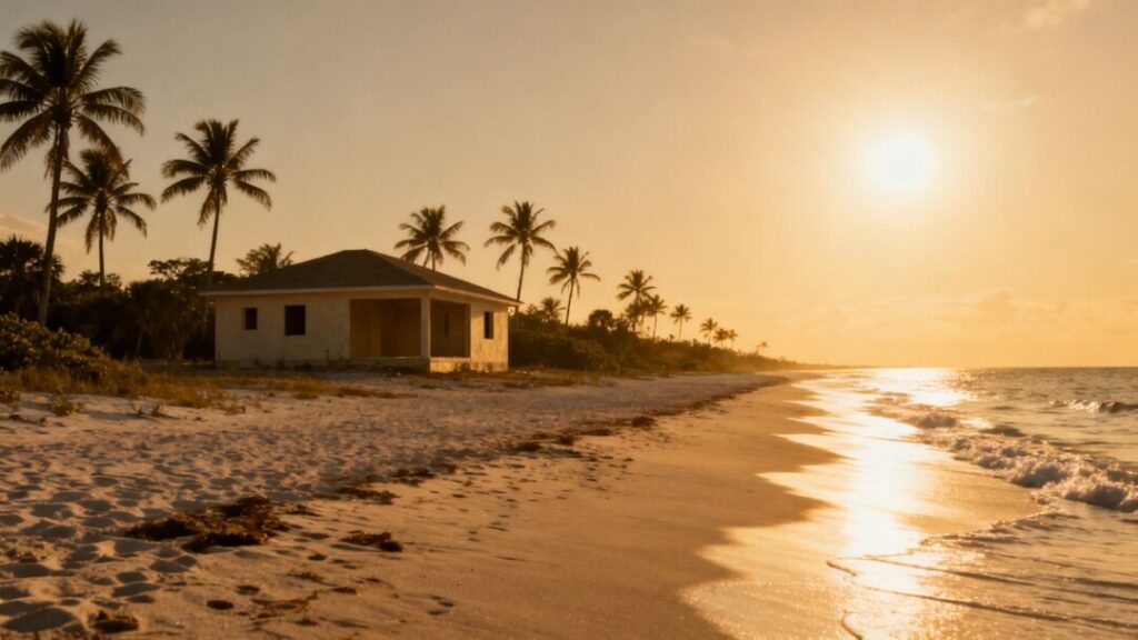 Florida coast with an empty house and palm trees.