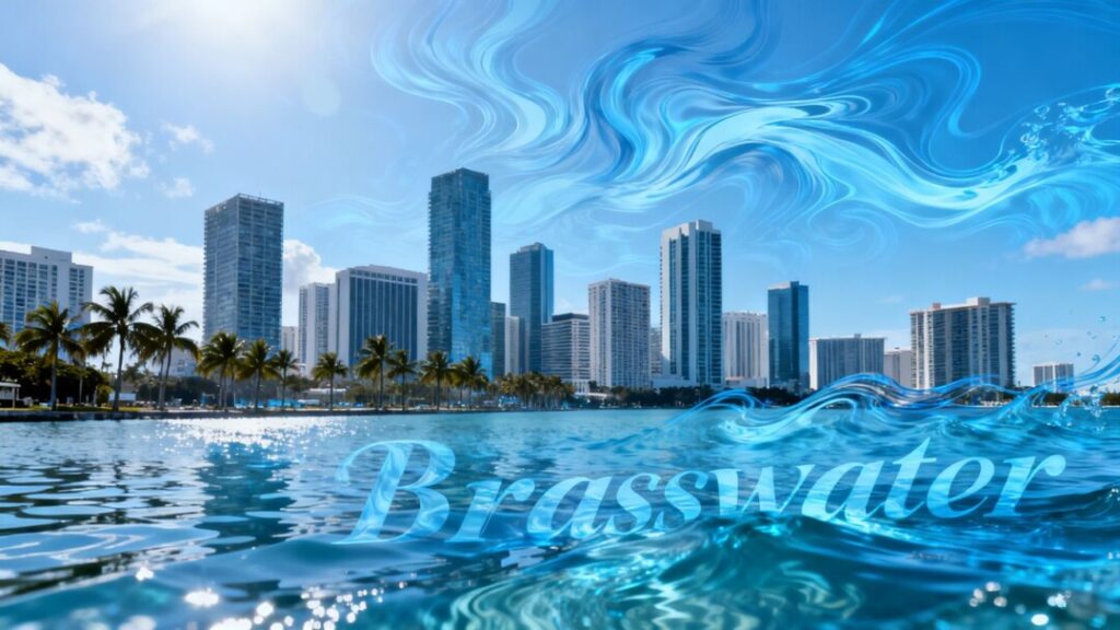 Miami skyline with abstract water element.