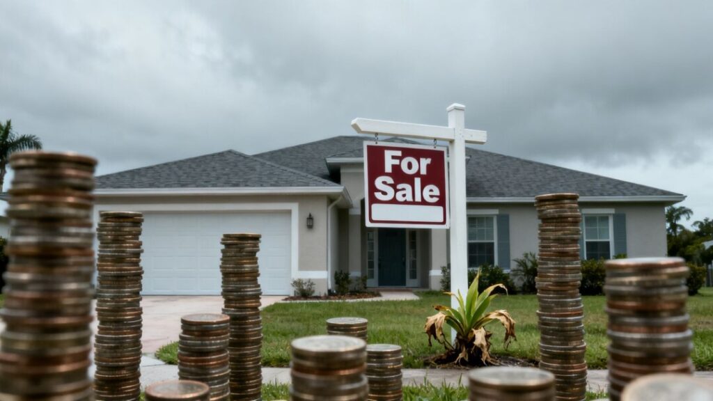 Florida home with coins and wilting plant, indicating market cooling.
