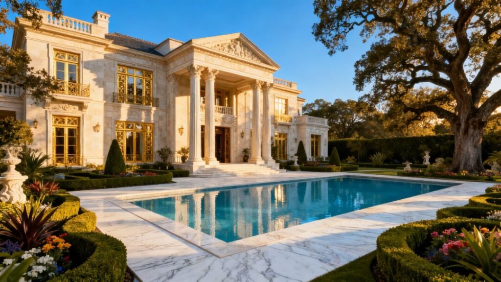 Luxury Florida mansion with pool and palm trees.