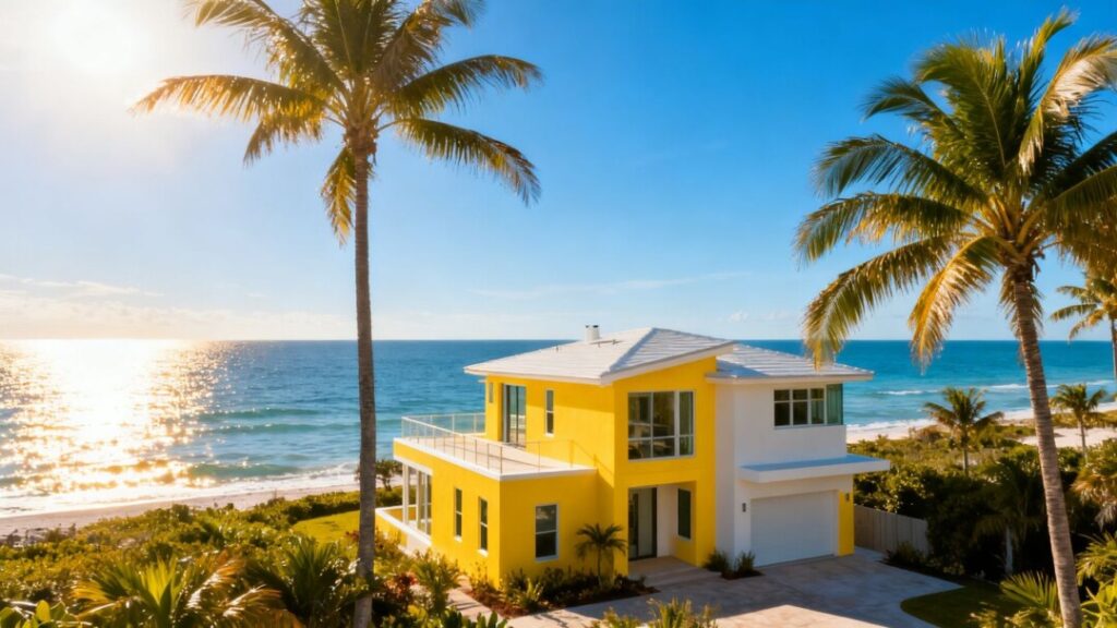 Florida coastline with a modern house and palm trees.