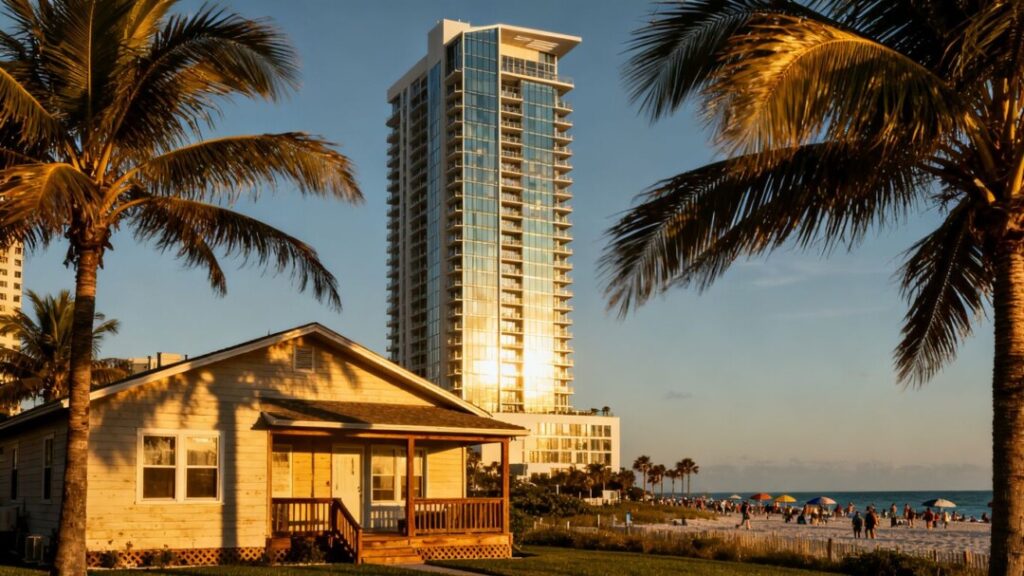 Florida luxury high-rise overshadowing modest homes with palm trees.