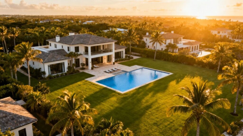 Luxury estates and palm trees in Ponce Davis, Miami.