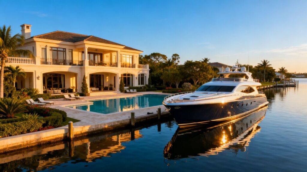 Luxury mansion with pool and yacht in Palm Beach.