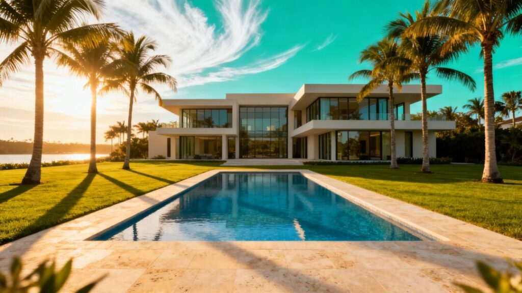 Luxury Florida mansion with pool and palm trees.