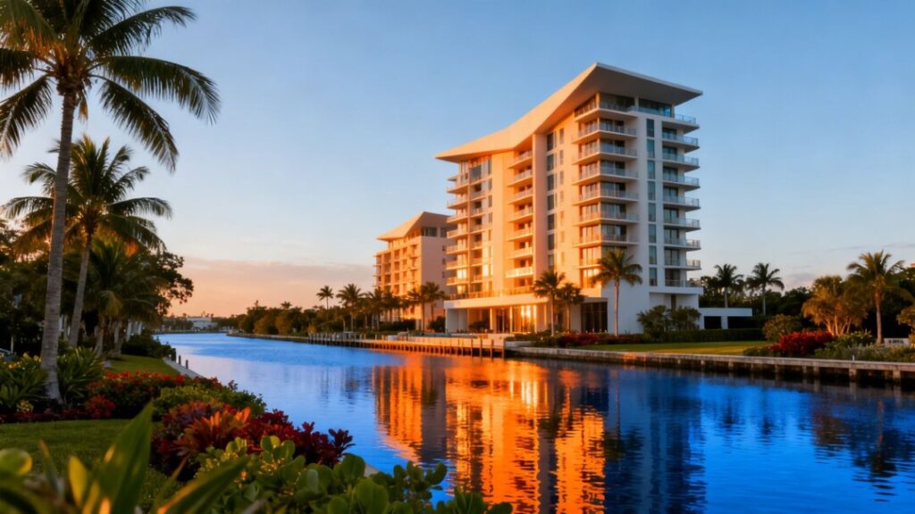 Luxury waterfront condos on intracoastal waterway with palm trees.