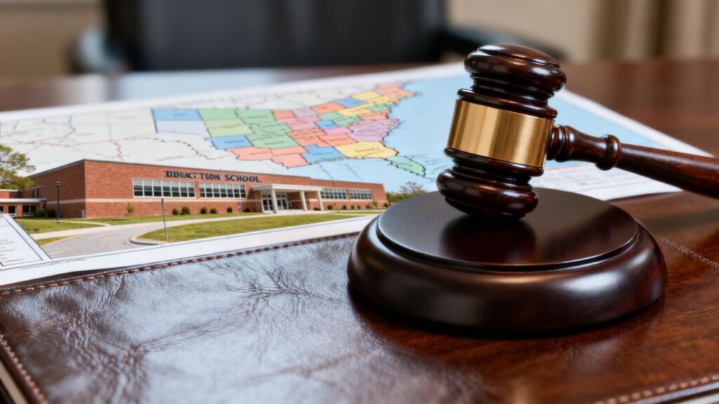 School building, gavel, and blurred district map.
