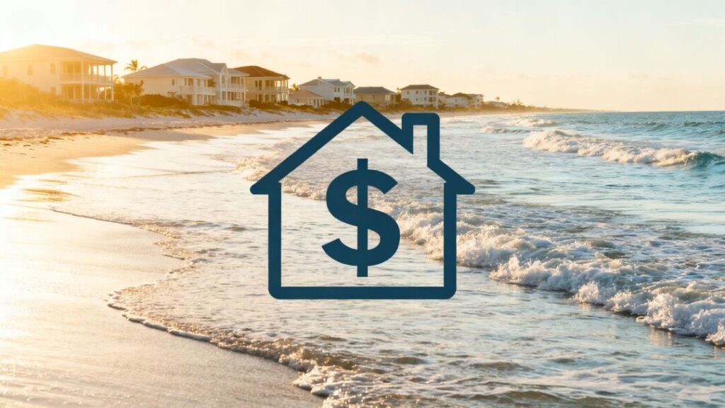 Florida coast with beach houses and rental fee graphic.