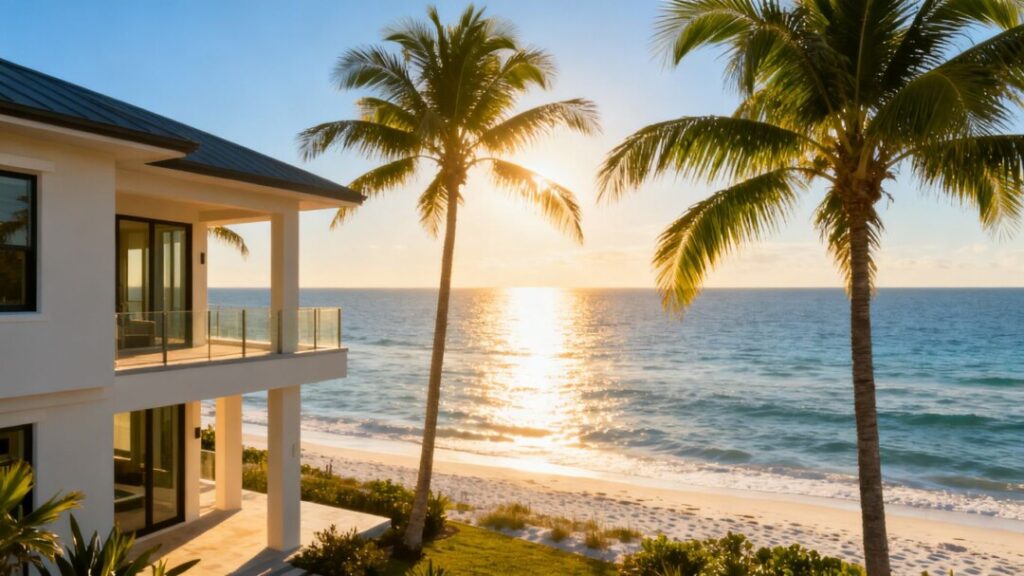 Florida coastline with house and palm trees.