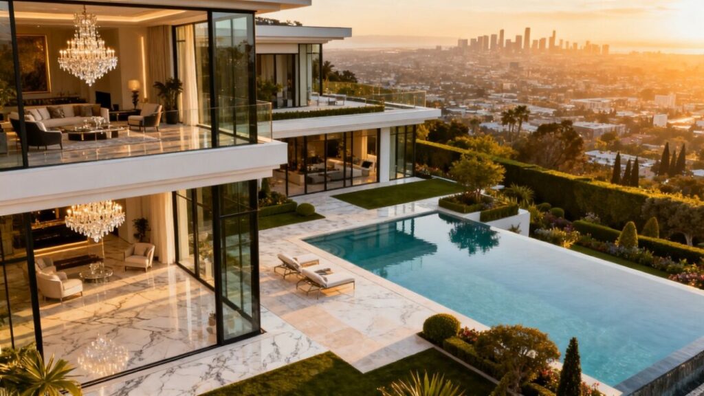 Opulent celebrity mansions with pools and city views.