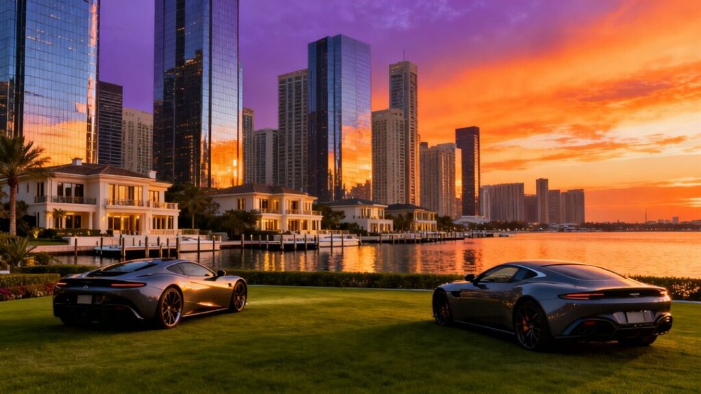 Luxury cityscape with skyscrapers and mansions at sunset.