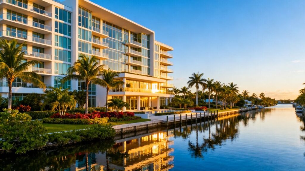 Luxury waterfront condos on intracoastal waterway with palm trees.