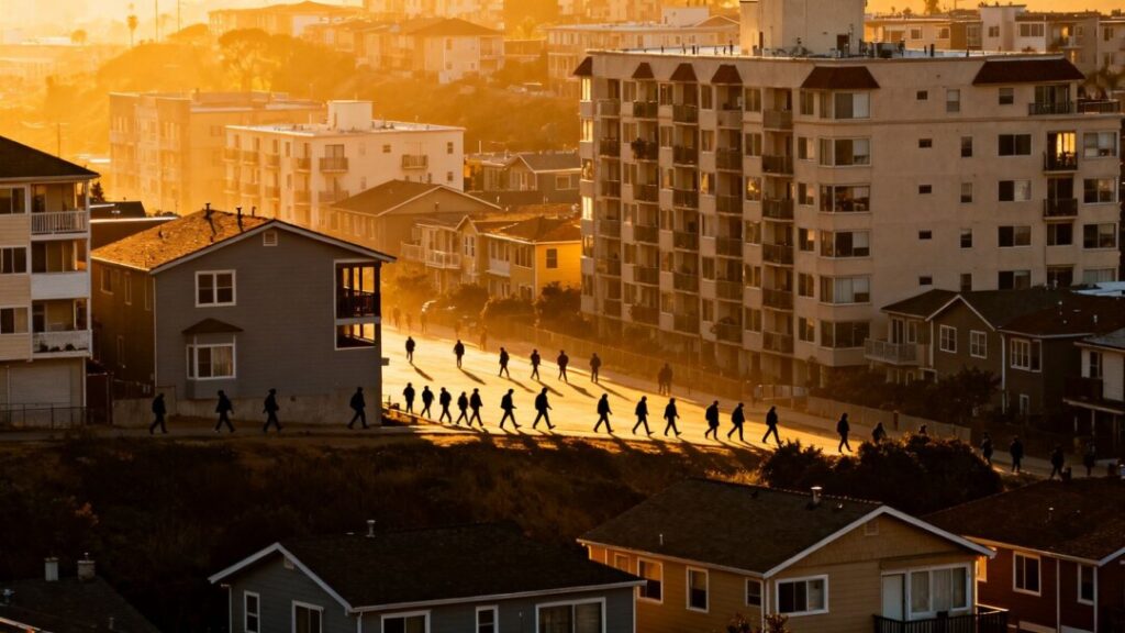 Cityscape with diverse housing and moving people.
