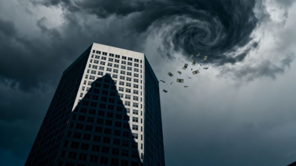 Tampa skyline with dark clouds and disappearing money.