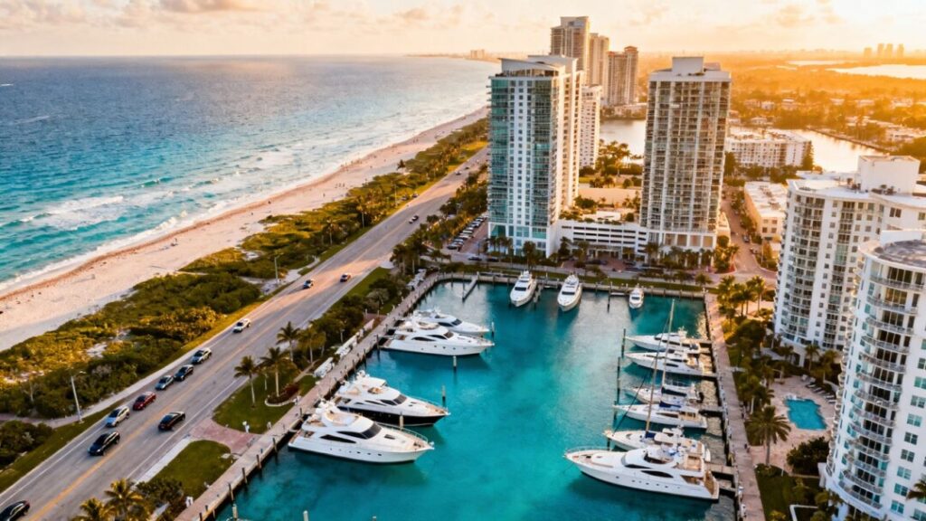 Florida coastline with luxury buildings, beaches, and yachts.