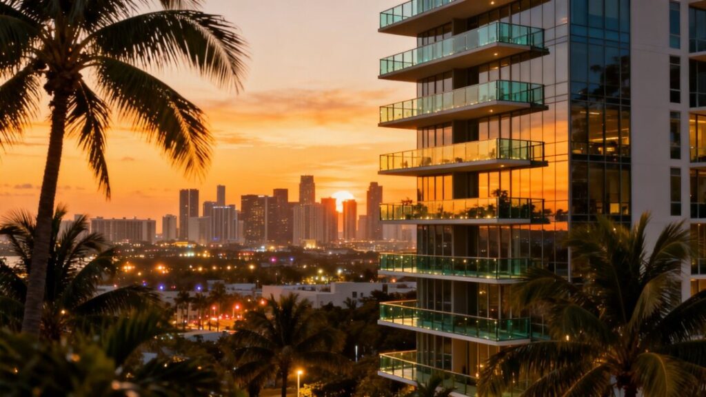 Luxury skyscraper in downtown Miami with palm trees.
