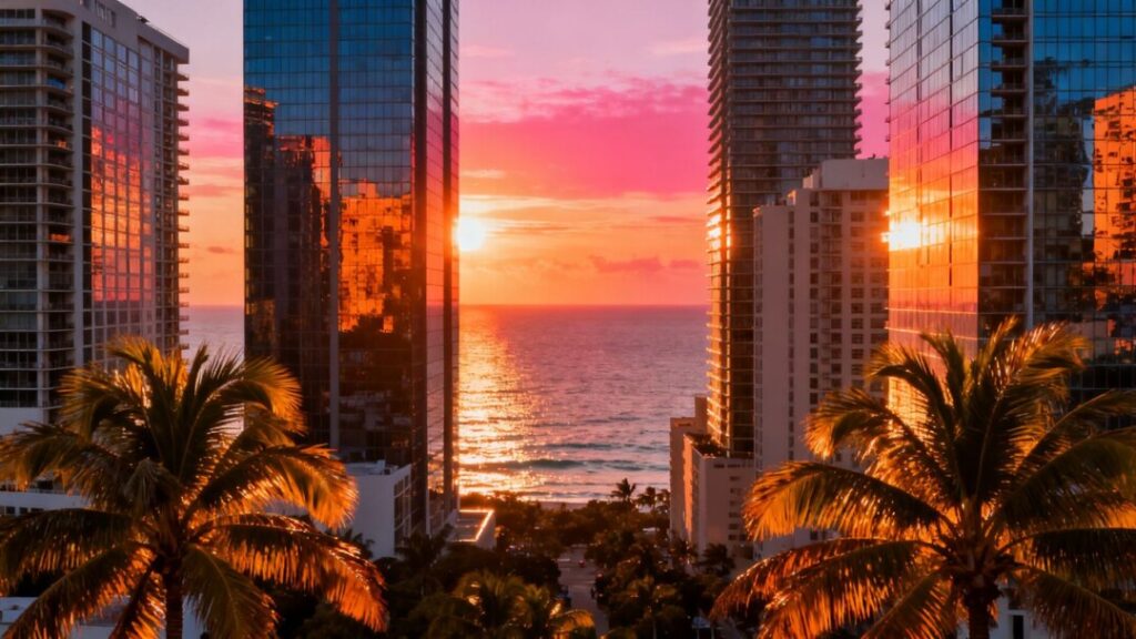 Miami skyline with ocean and palm trees.