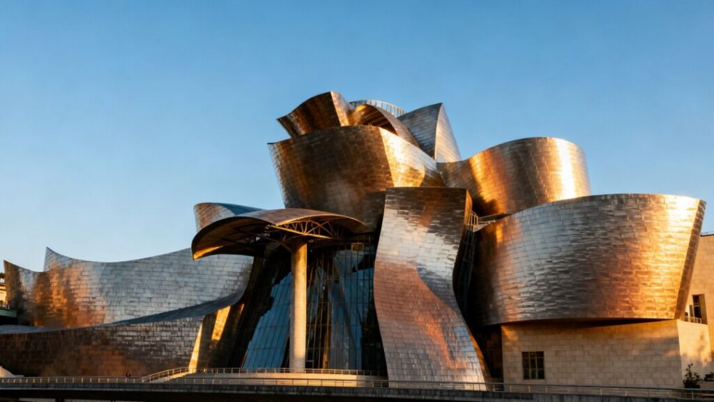 Frank Gehry's final architectural masterpiece with flowing metallic curves.