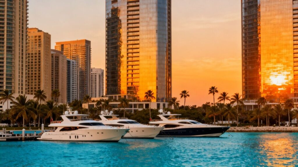 Miami skyline with yachts and palm trees.