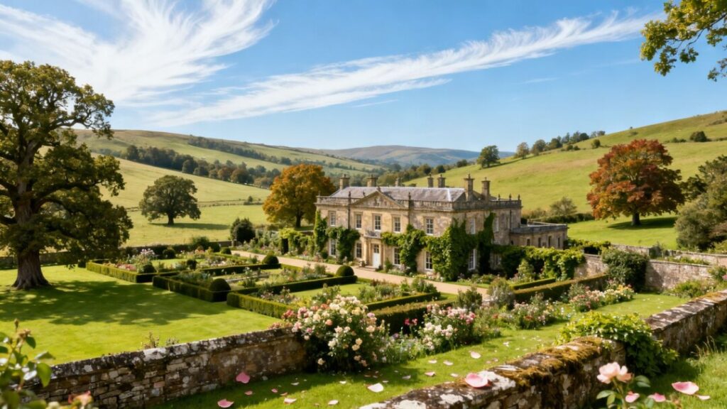 Jane Seymour's British countryside estate with manor and gardens.