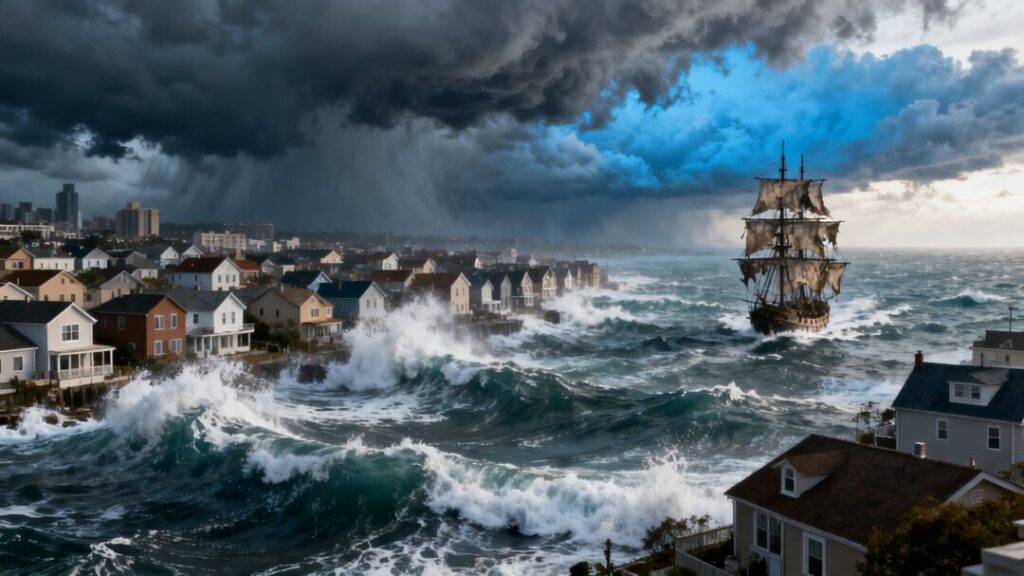 Stormy housing market with waves and a ship.