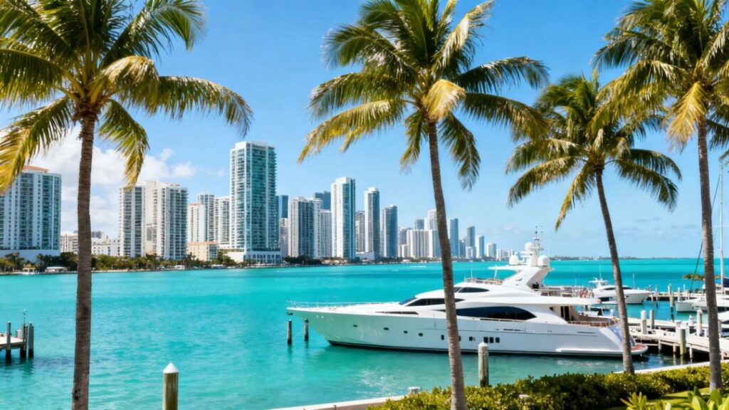 Miami skyline with ocean, condos, and palm trees.