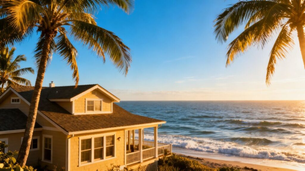Florida coastline with a house and palm trees.