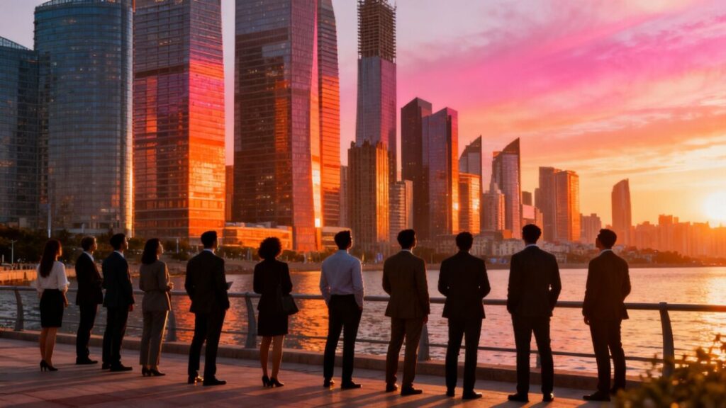 South Florida skyline at sunset with professionals.