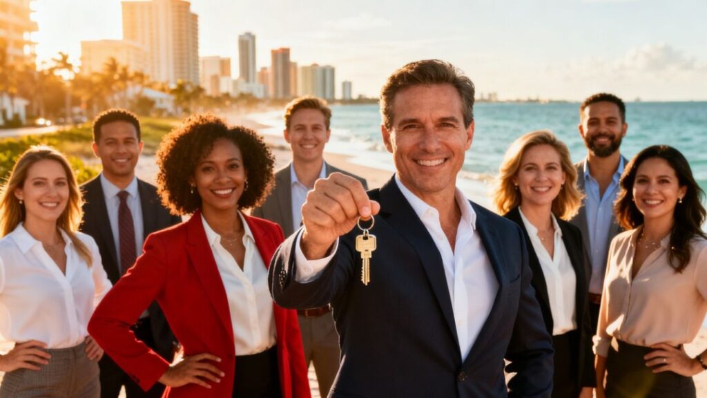 Florida real estate agents in a sunny coastal city.