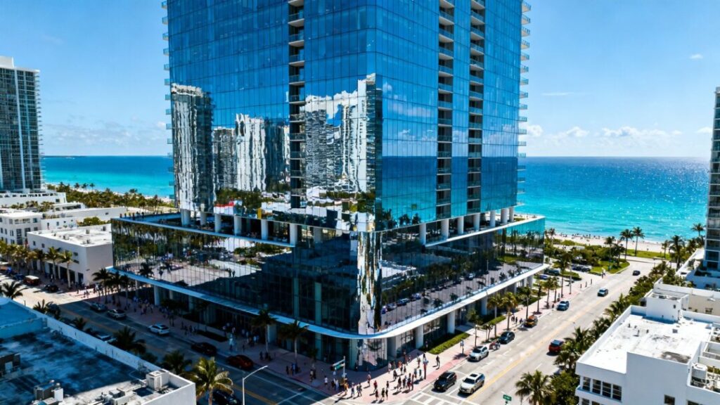 Miami condo tower overlooking the ocean and city.