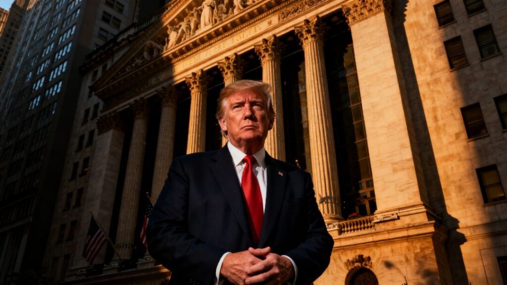 Donald Trump in front of a building, looking serious.