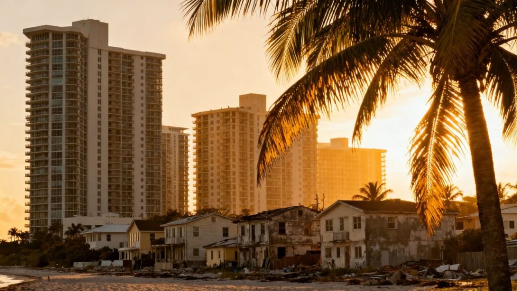 Luxury condos overshadowing older homes in Florida's real estate boom.