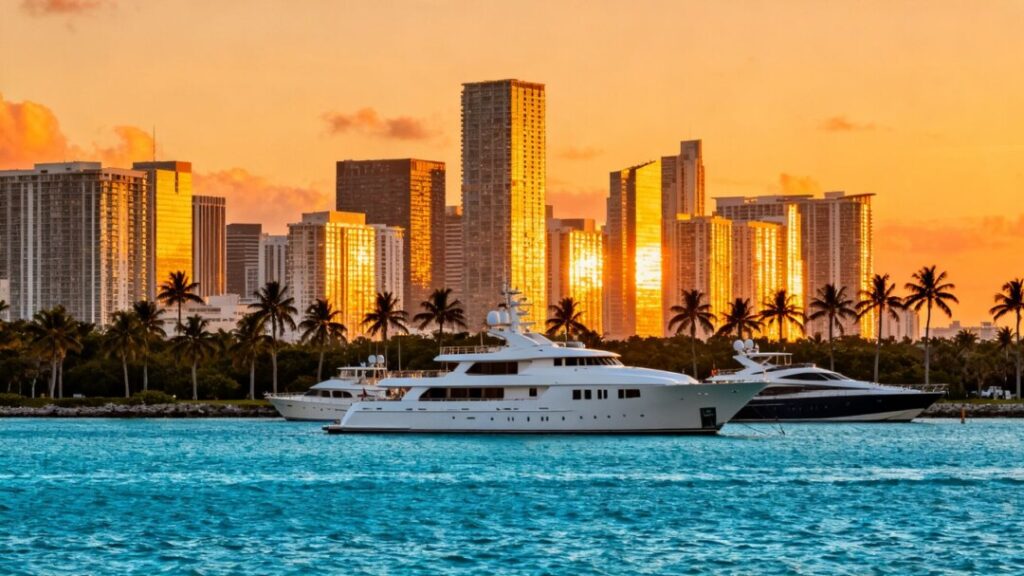 Miami skyline with luxury yachts and palm trees.