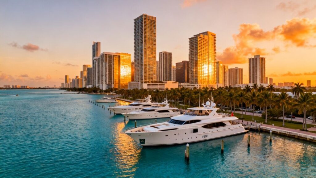 Miami skyline with luxury yachts and palm trees.