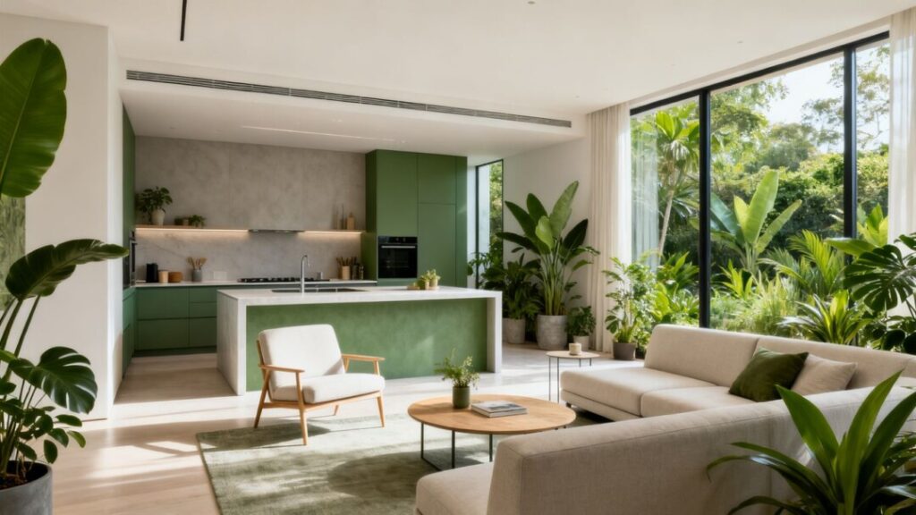 Modern living room with plants and sustainable kitchen.