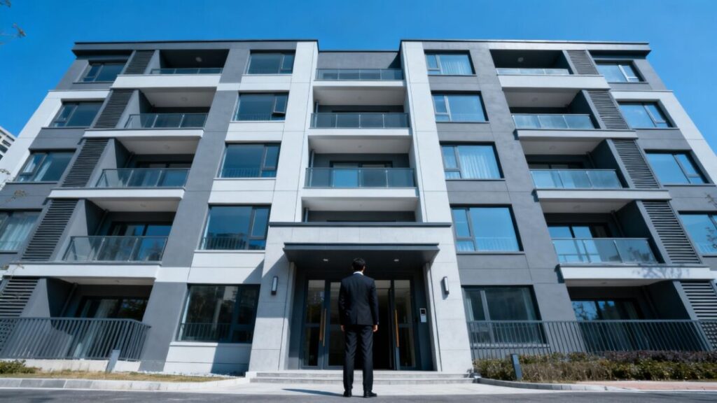 Condo building with a person near the entrance.