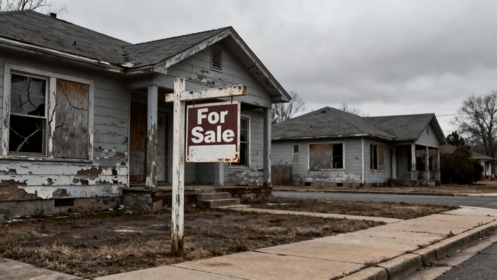 Foreclosed house with a 'For Sale' sign.