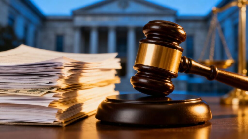 Gavel and legal documents on a courthouse background.