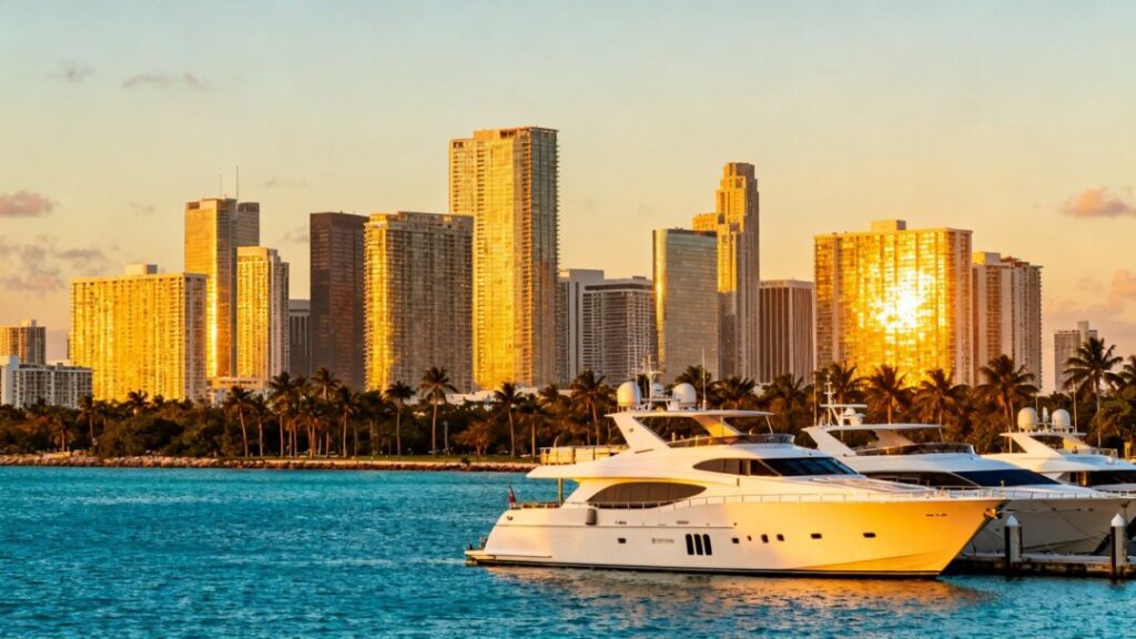 Miami skyline with luxury yachts and palm trees.