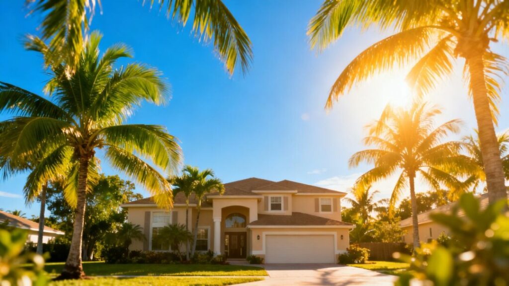 Florida home with palm trees under a blue sky.